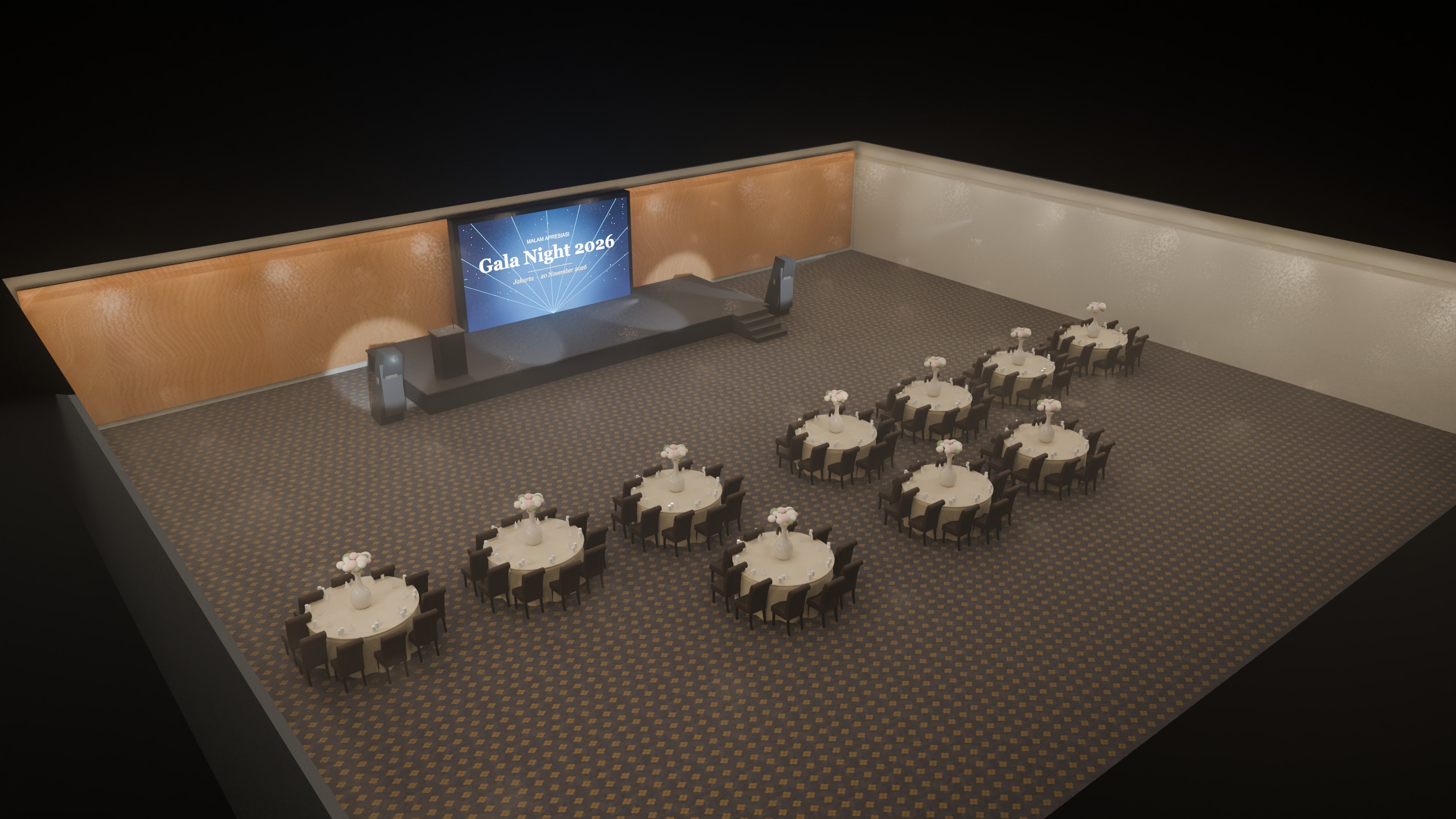 Render 3D ballroom Grand on Thamrin dengan 10 meja bundar, panggung, dan LED